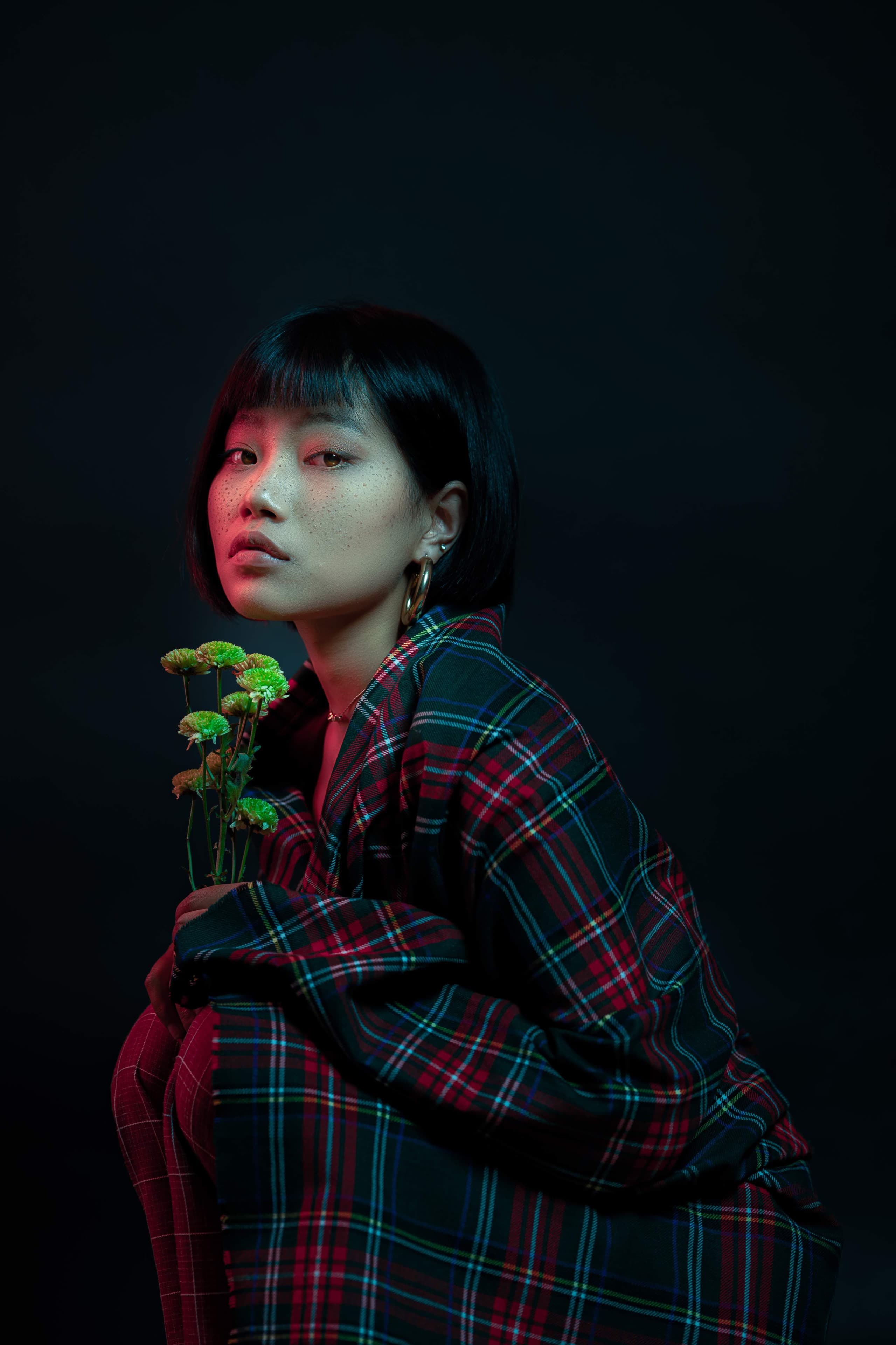 Editorial tartan portrait with florals