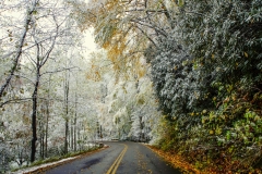 Mountain Road with fall foliage and snow 3